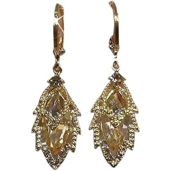 Gold Crystal Leaf Drop Earrings Simlted Topaz Pendant Dangle Gemstone Charm New - Picture 3 of 7